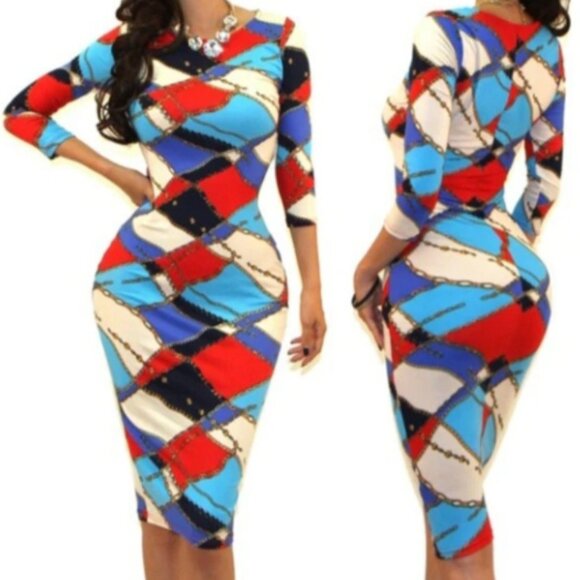 Got Style Winter Sky Blue Gold Red 3/4 Sleeve Bodycon Party Cocktail Dress - Picture 3 of 3